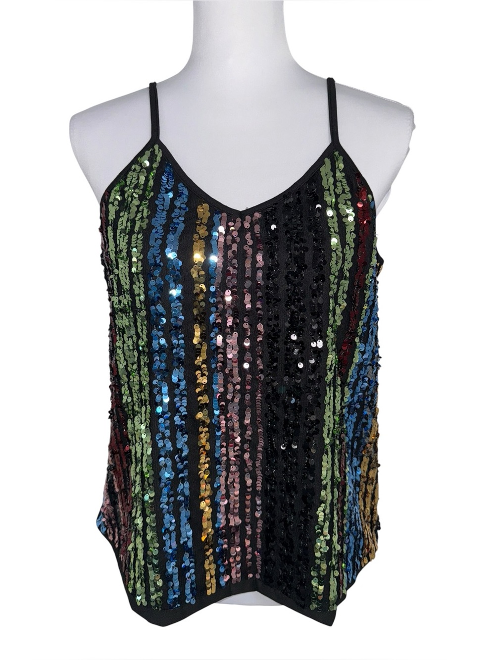 Womens Medium Black Multicolor Sequin Stripedâ Sleeveless Cami Top Glam Y2K